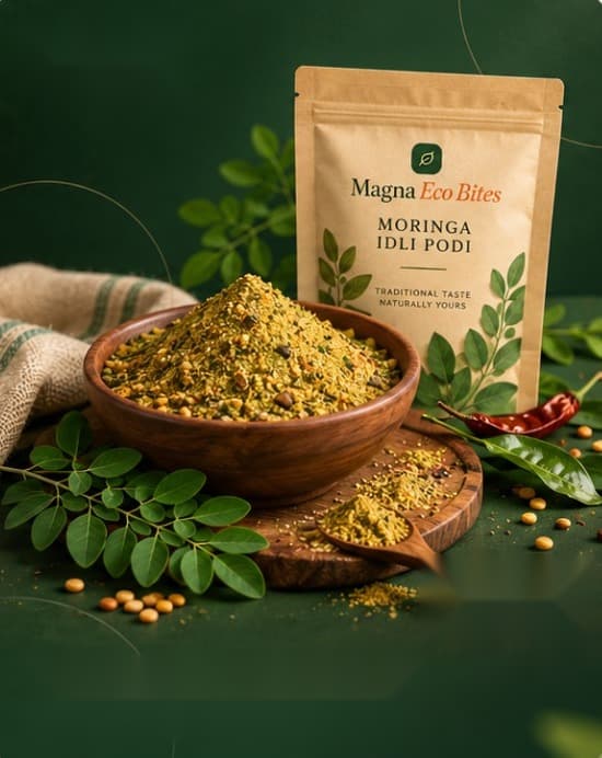 Kraft pack of Magna Eco Bites Moringa Idli Podi beside a wooden bowl of the podi, moringa leaves and curry leaves